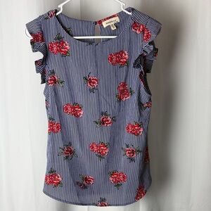 Monteau Navy Pinstripe Top with Red Floral Ruffles